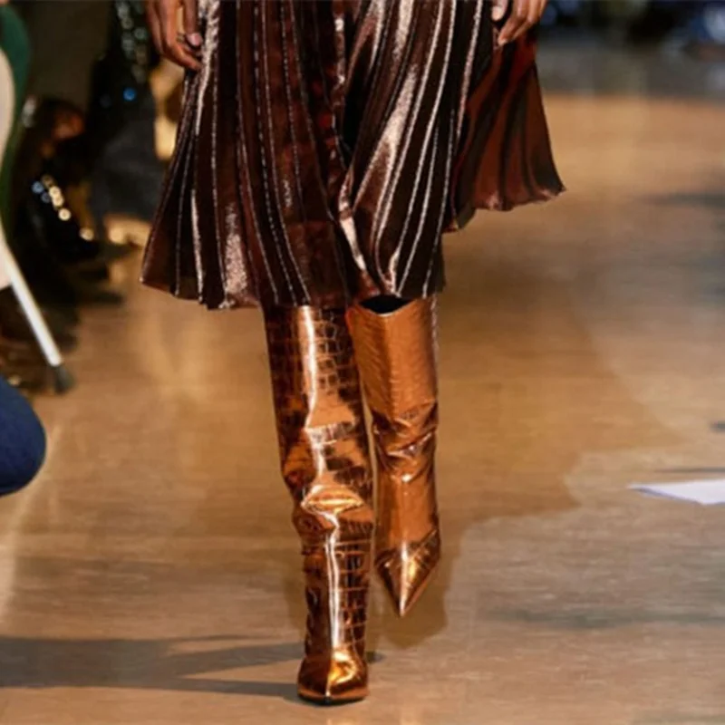 2021 New Model Dress Heel Boots Stone Print Pointed Toe Gold Slip on Calf  Boots for Lady Knee High Fashion Shoes Women