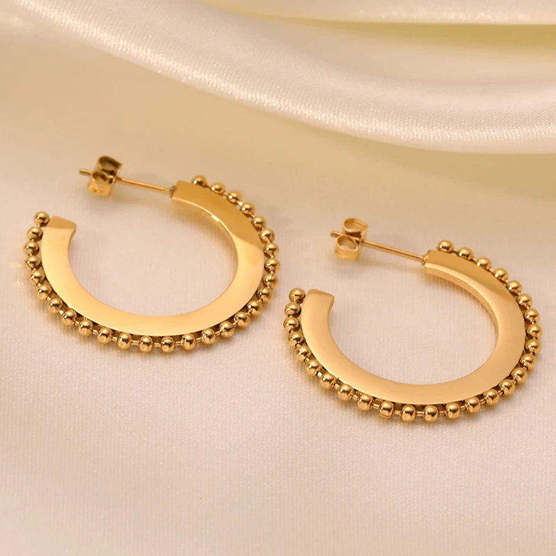 Stainless Steel Gold Plated Hoop Earrings Simple Round Beads Flat Back ...