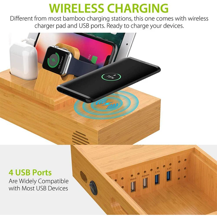 Удобная бамбуковая зарядная станция с 4 USB-портами может использоваться для нескольких устройств