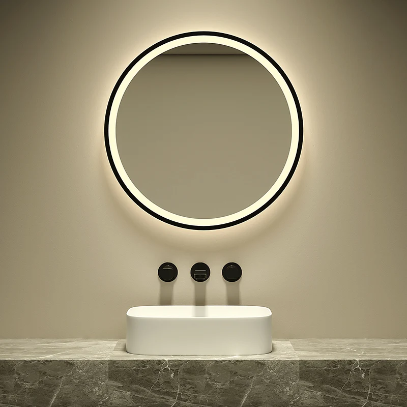 Espejo de baño inteligente con marco negro redondo y pantalla táctil LED con luz LED