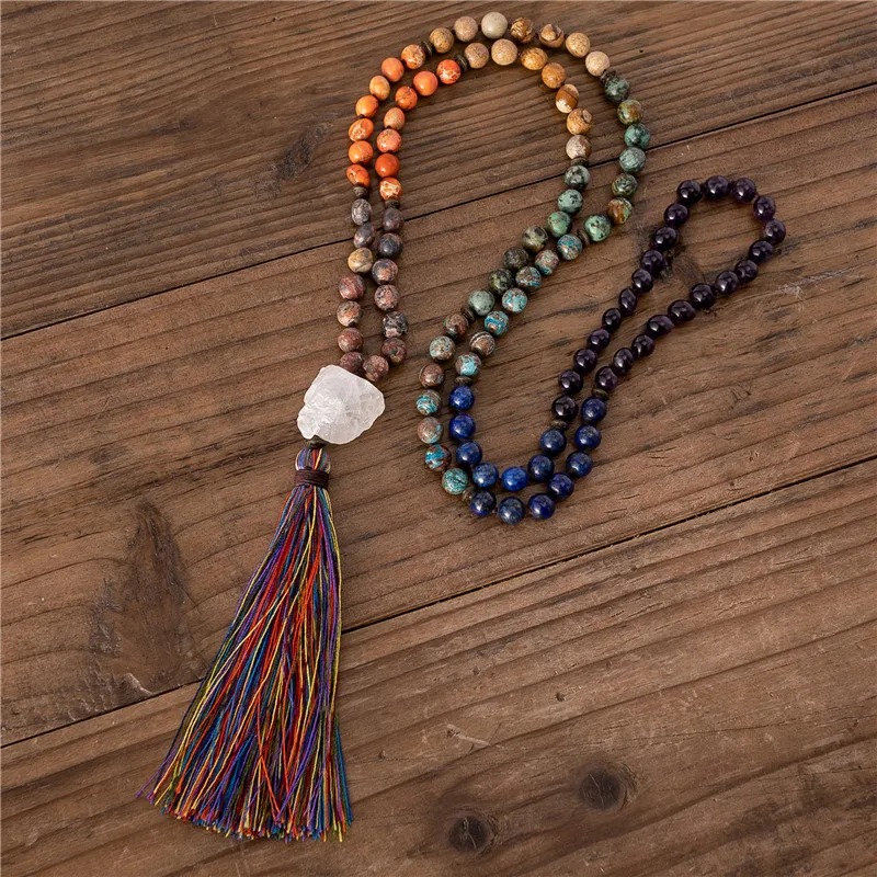 Handmade 7 Chakra Multi Colors Natural Stone 108 Mala Beads Necklace With Tassel Yoga Meditation Jewelry Friends Gifts Wholesale