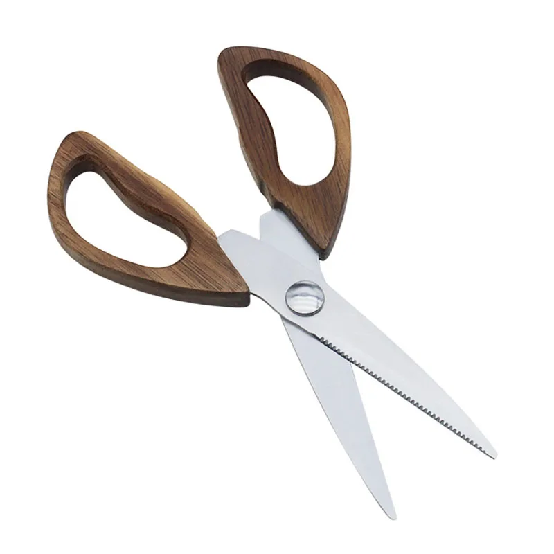 Customized Kitchen Stainless Steel Scissors Wooden Handle Strong Multifunctional Barbecue Chicken Bone Shear for Household Use