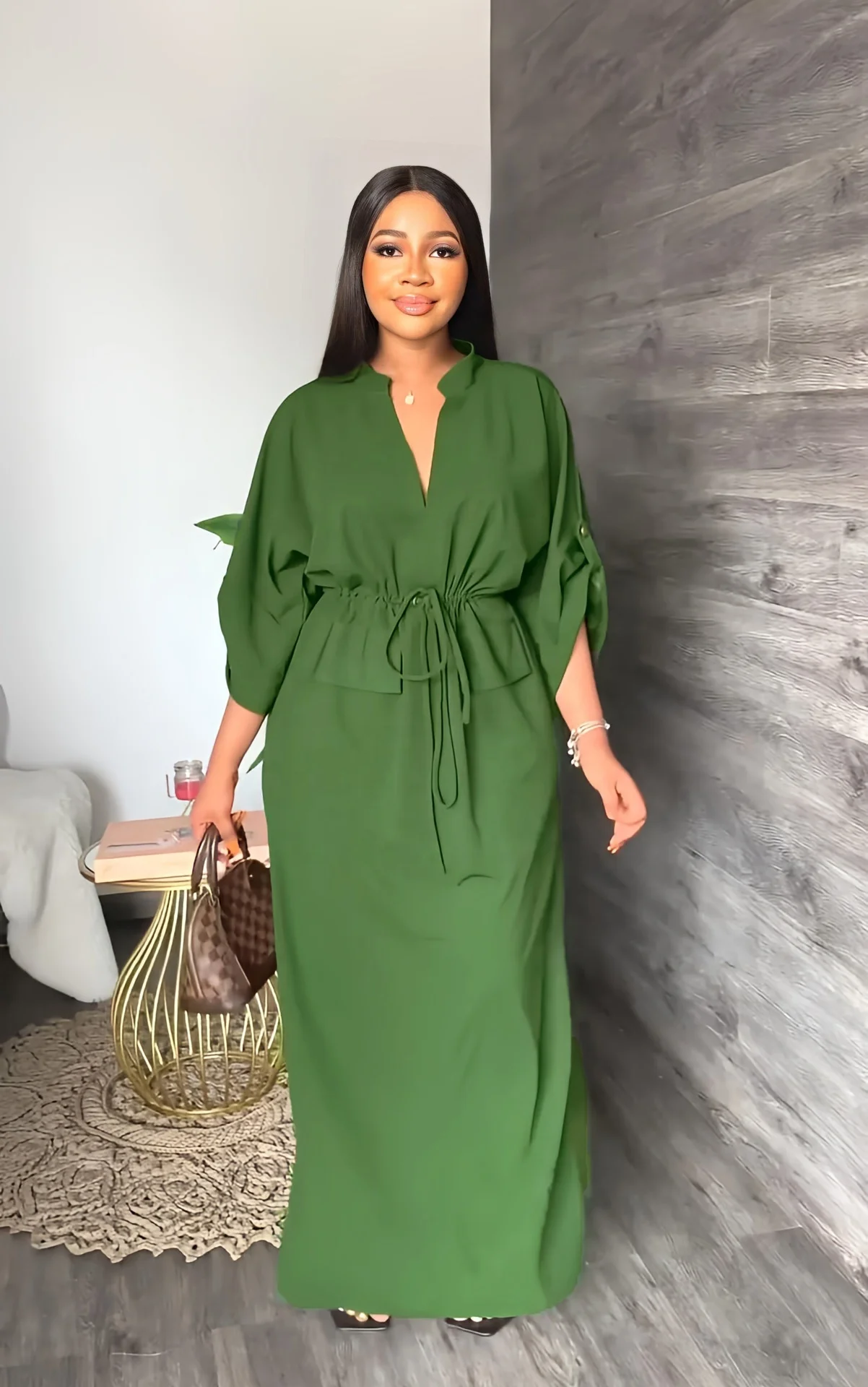 Latest Design Half Sleeve V Neck Stand Collar Office Dresses Women Formal Work Maxi Dress Drawstring Side Slit Summer Dress