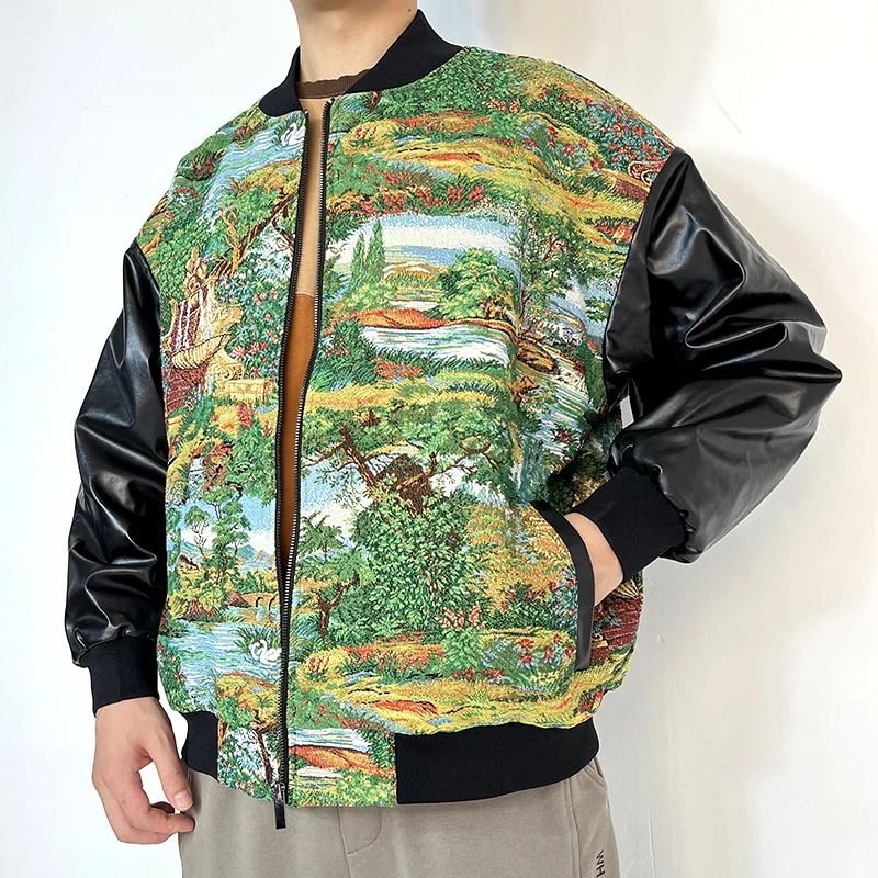 Custom Woven Tapestry Hoodie Patchwork With Zipper Jacket Pu Leather Buy Custom Tapestry