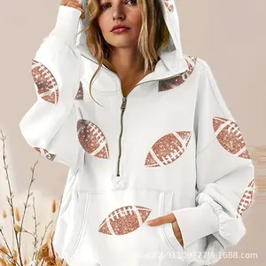 2026 Autumn Casual  European American Women's Rugby Digital Print Knitted Hoodie Long Sleeve Half-Zip Pullover