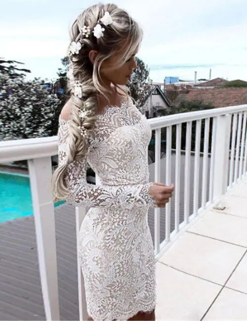 Abito Donna In Pizzo Elegante - Vita Alta, Linea A, Abito Da Cocktail Sexy Bianco