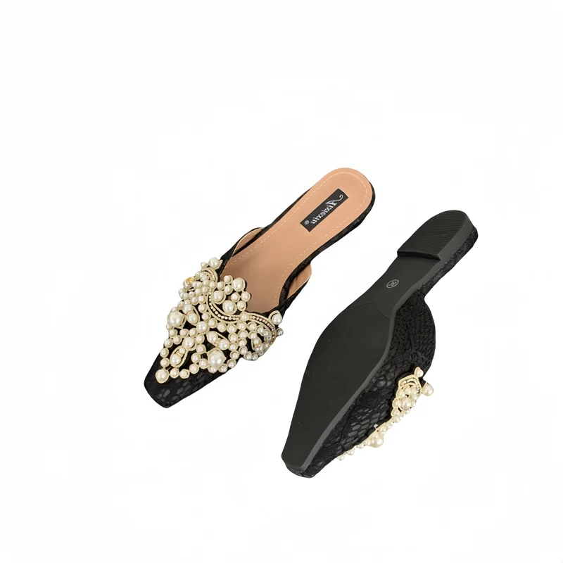 Spring Summer 2024 Designer Sandale Plat Elegant Pearls Casual