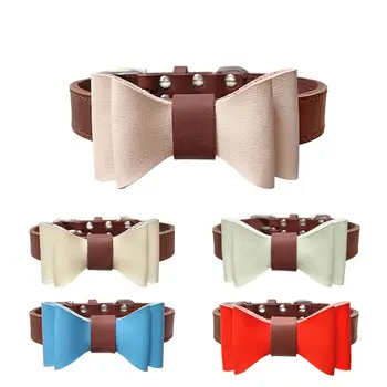 Colorful Plain Premium Wholesale Adjustable Custom Luxury Pet Leather Bow Tie Dog Collar For Small Medium Large Dogs