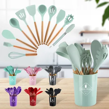Reusable Adaptive Silicon Cooking Skimmer Stainless Steel Wood Tools Pink Camping 12 Pcs Silicone Kitchen Utensil Set