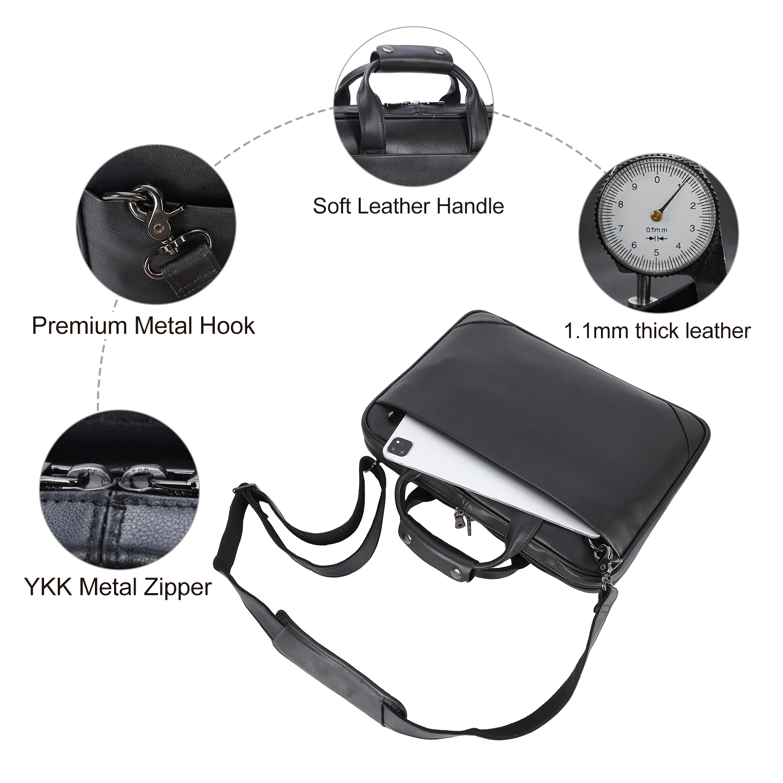 Black Full Grain Leather Cow Skin 14 Inches Case Messenger Business Bag Men Genuine Leather Computer Laptop Briefcases