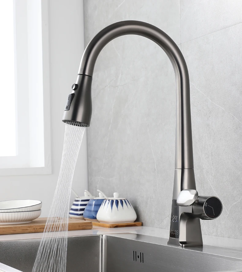 Modern Thermostatic Kitchen Faucet Gun Grey Touchless Infrared Induction Sensor Pull Down Touch Screen for Bathroom Use