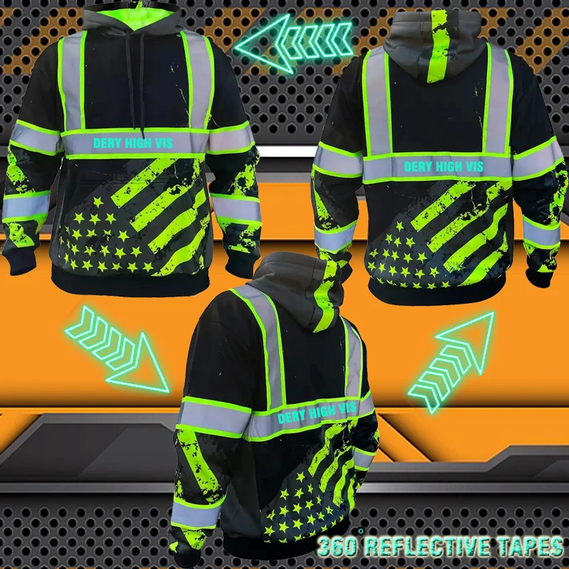 High Visibility American Fluorescent Flag Pink Safety Hoodie ANSI Class 3 Reflective Workwear Sweatshirt Construction Jacket