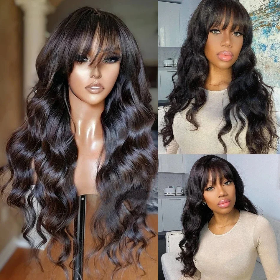 Peluca de cabello humano ondulado de 30 pulgadas con flequillo, estilo bob brasileño de cabello negro con flequillo, encaje 3x1, parte en T, densidad 180._voghion.com