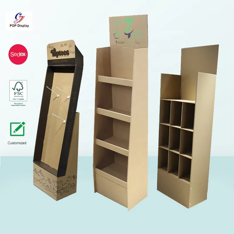 Supermarket Customized Promotion ECO Friendly Kraft Paper Floor Display Shelf Tower POP up Corrugated Cardboard Display Racks