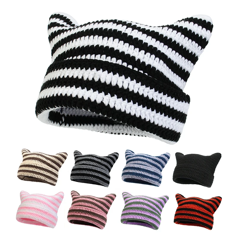 New Japanese Beanie Hat Ins Little Devil Striped Knitted Wool Cap ...