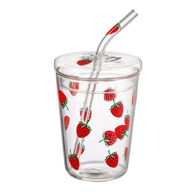 Устойчивая к высоким температурам стеклянная соломенная чашка с клубничным