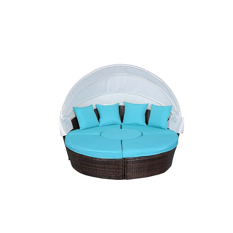 5pcs Outdoor Daybed Garden Round Rattan Day Bed Modern Wicker Sunbed