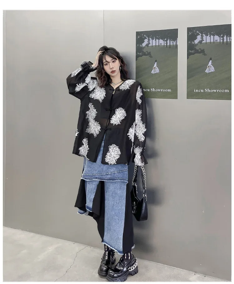 Rok Denim Panjang Modis Pinggang Tinggi Pikeun Wanita Musim Panas, Kontras Warna jeung Motif Tambal Sulam Irregular