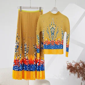 Women's High Quality Casual Fashion Set Elastic Stretch Printed Top and Long Skirt Two-Piece Set Made of Fabric