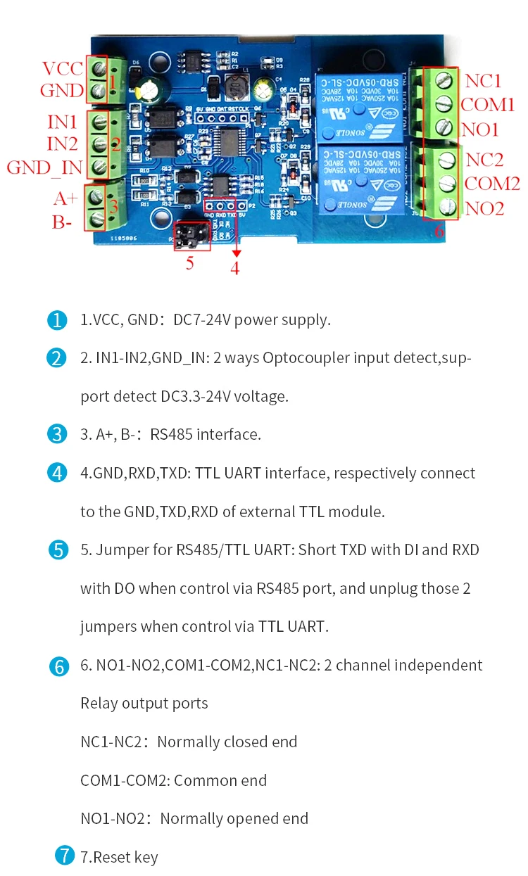 Modbus RTU 2CH Relay Module - 7-24V Anti-Reverse 2 Channel