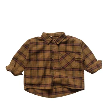 Korean style retro boys plaid baby shirts long-sleeved fashionable kids clothing pure cotton kids top