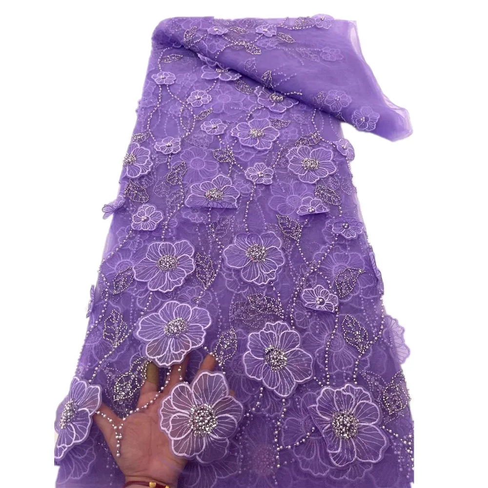 ChenLee Purple Beaded Lace Material Yards Sewing African Tissu Fabrics  Embroidery Mesh Laces