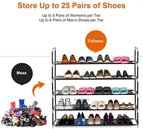 Shoe Rack 5 Tier Durable and Stable Shoe Organizer 25 Pairs Space Saving Non-Woven Fabric Shoe Shelf