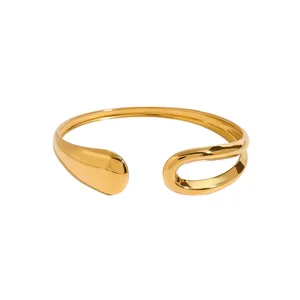 18K Gold Plated Stainless Steel Women's Open Cuff Bracelet Smooth Hollow Design Trendy Minimalist Style Fashionable Bangles for