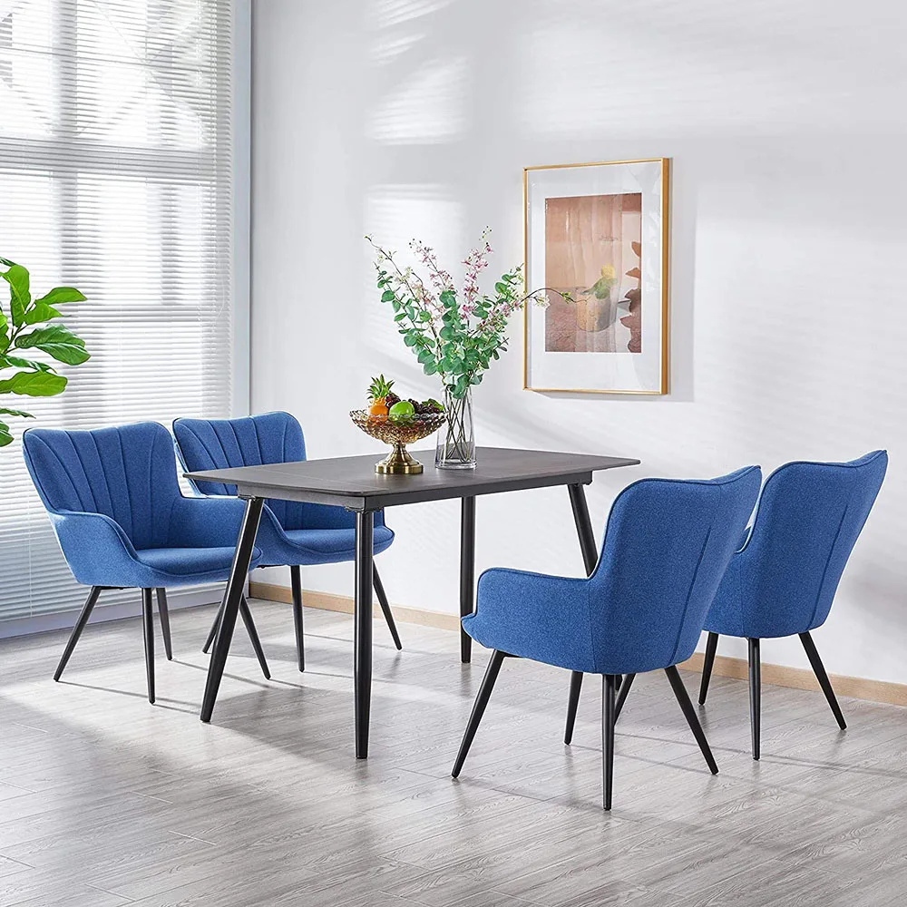 Blue Fabric Arm Chair Dining Room Chair Modern Accent Upholstered Hotel Chairs with Metal Legs ...