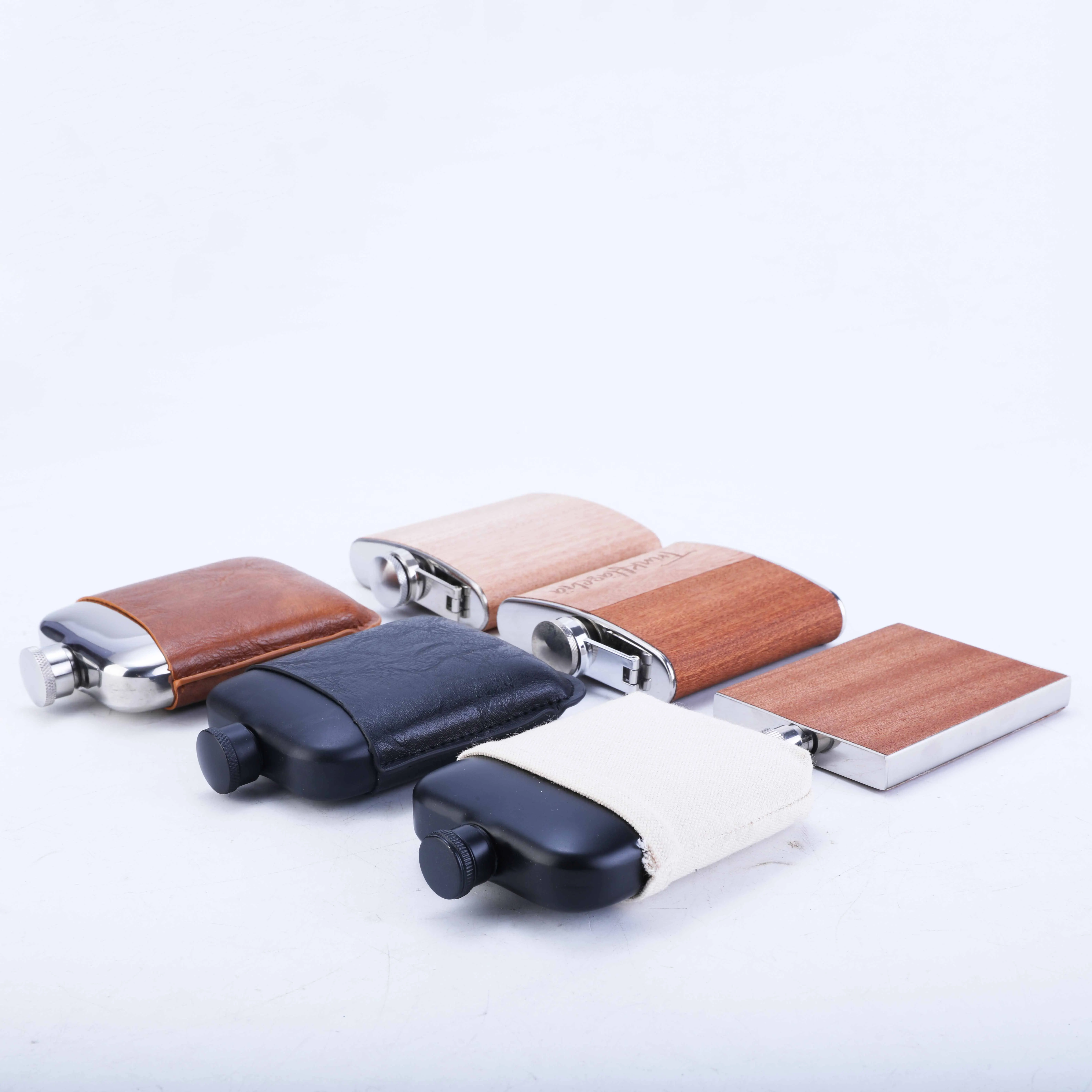 New Arrival 6OZ Standard Size Stainless Steel Pocket Hip Flasks Square Wine  Flask With PU Leather Pouch