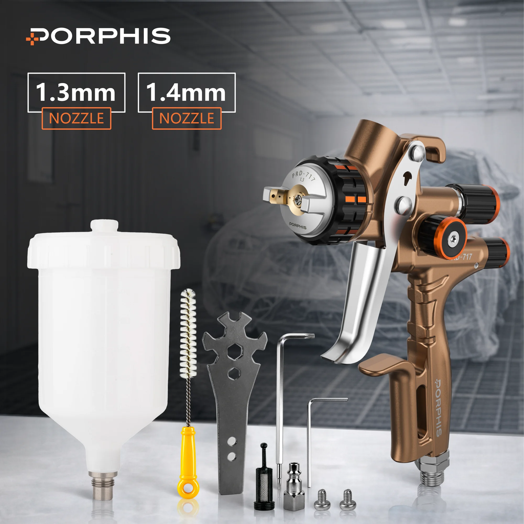 Porphis PRD-717 Gravity Feed 1.3mm Spray Gun - Pneumatic Tool for