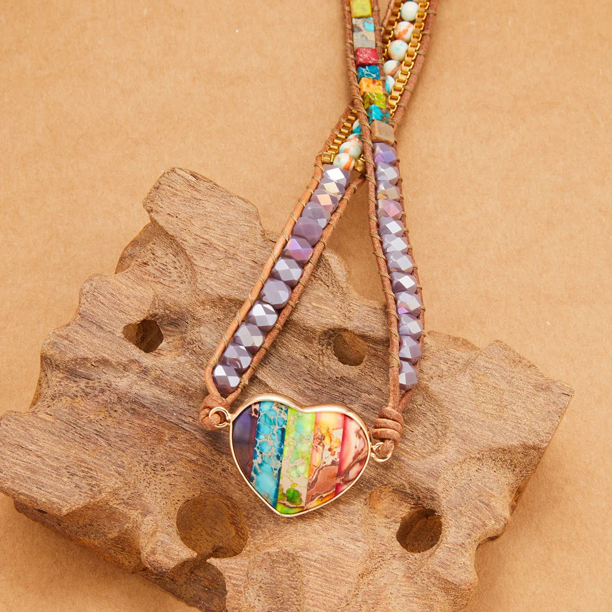 民俗风心皮革七脉轮天然石材水晶金属3层包裹手链