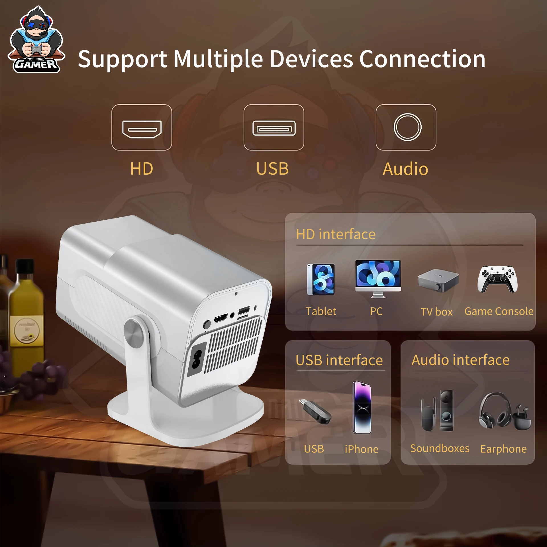 HCS350 Max 4k Portable Projector Game with Wireless Dual Gamepad Portable Mini Game Player Home Interactive Game Projector