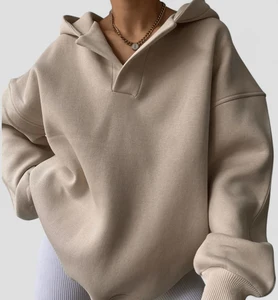 OEM Custom Logo Beige Solid Color Open Front Long Sleeve Casual Cardigan Hoodie for Women Winter Autumn Sweatshirt with Hood