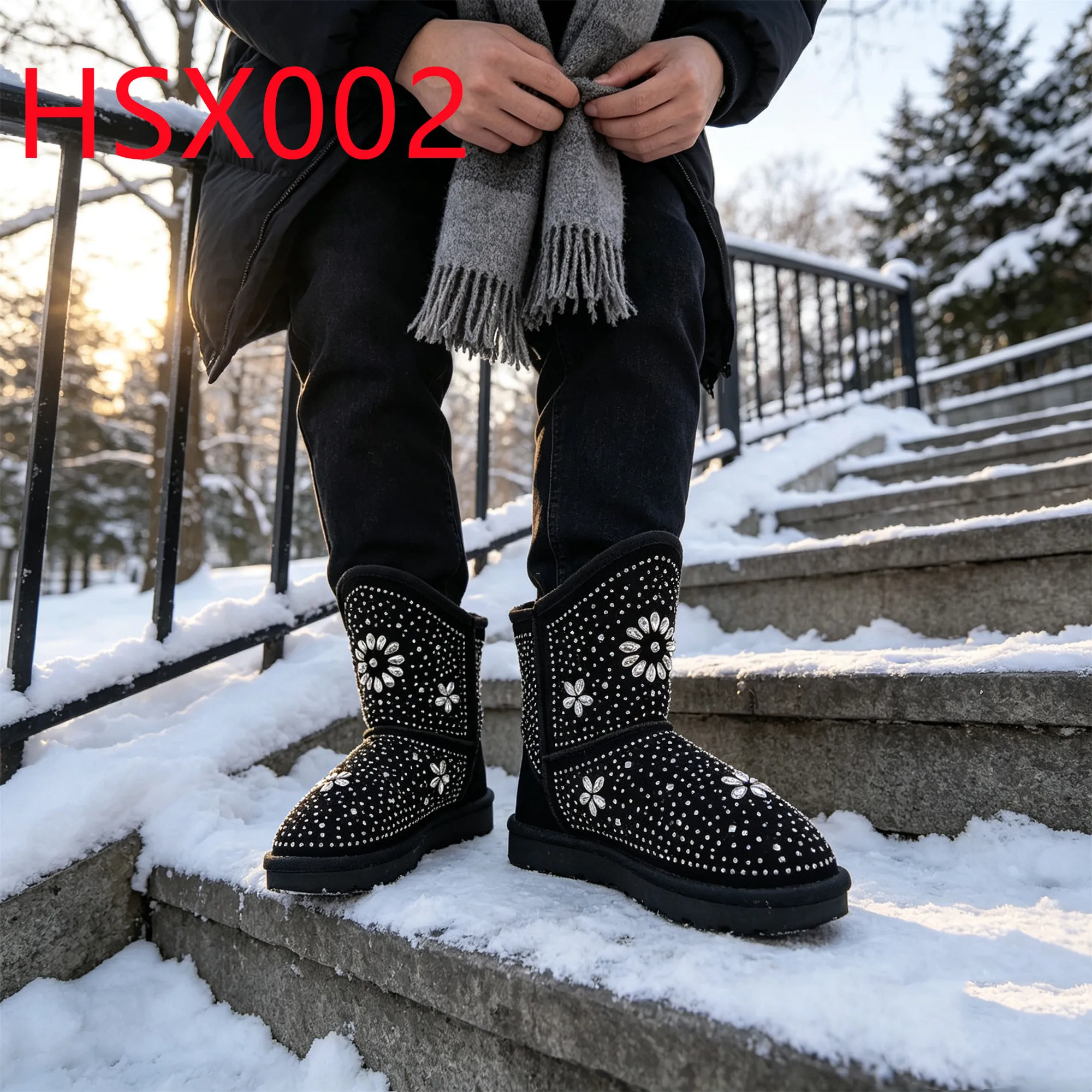 HY,Ice and Snow Festival Diamond Ornament Design Fashion Snow Boots Anti-cold Wool Lining Lady Winter Boots with TPR Sole HSX002
