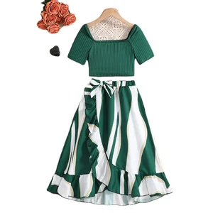 2026 Wholesale Price Girls Clothing Sets Summer Fashion T-shirt Green Skirt Two Piece Princess Teenager Outfits