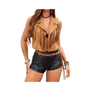 Women's Eco-Friendly 70s Hippie Faux Blazer Sleeveless Regular Front Logo Autumn Solid Woven Dyed