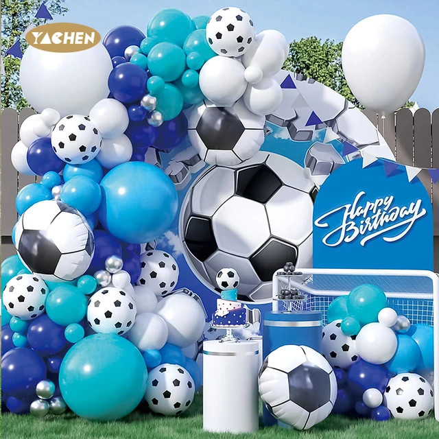 Yachen 96pcs foil soccer royal blue white metallic silver latex balloons garland arch kit for baby shower football party decor