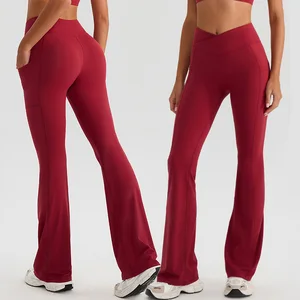 Roregal Cross Waist Tummy Control Butt Lifting Sports Yoga Flare Pants Fitness Sports Gym Yoga Tights Leggings With Pocket