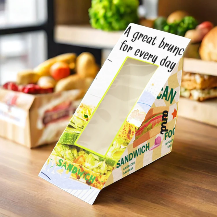 Wholesale Customized Printing Takeaway to Go Catering Food Grade Triangle Kraft Paper Sandwich Wedges Heat Seal Wrap Box