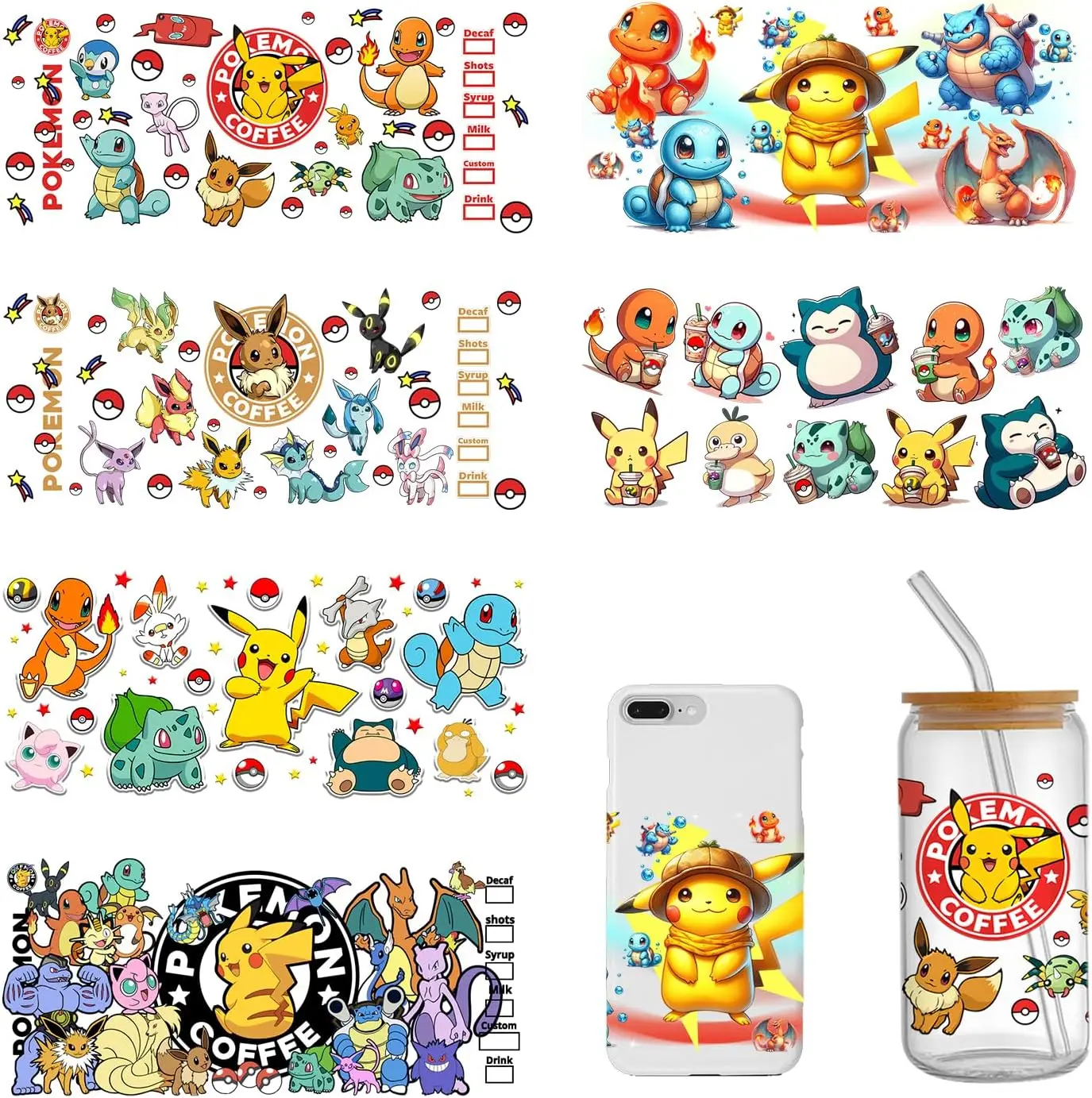 Pikachu Squirtle UV DTF Cup Wrap for 16oz Cup Cute Cartoon Wrap 