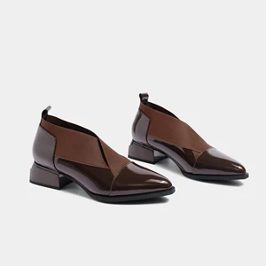 Hot Selling Women's Brown Patent Leather Pointed-Toe Loafers Trendy Elastic Cross-Strap Slip-On Autumn Cushioning Fashionable