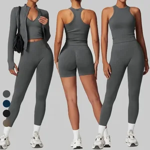 Custom LOGO GYM Sports Wear Zipper Jacket Sexy Halter Sports Bra Backless Vest for Women Yoga Pants Set Active Wear Set Shorts