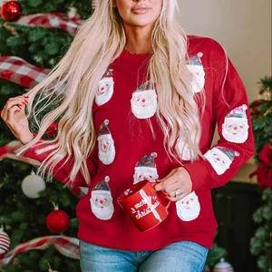 LYG Bestselling Wholesale Custom Casual Christmas Santa Claus Sequin Embroidery Pattern Knitted Long Sleeve Crew Neck Autumn