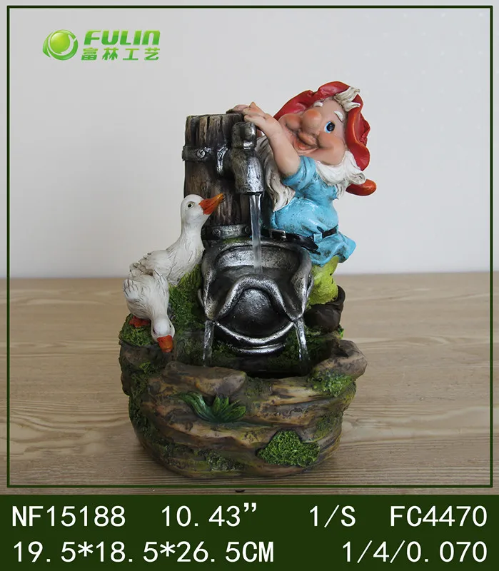 Small Resin Crafts Gnome Dwarf Statue Decorative Home Waterfall Fountain with Playing Feather