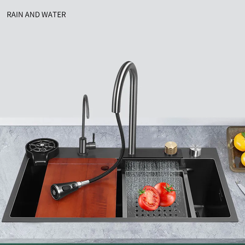 Hot Sell Kitchen Sink Flying Rain Integrated Handmade Basin Pullout Faucet Sink Set