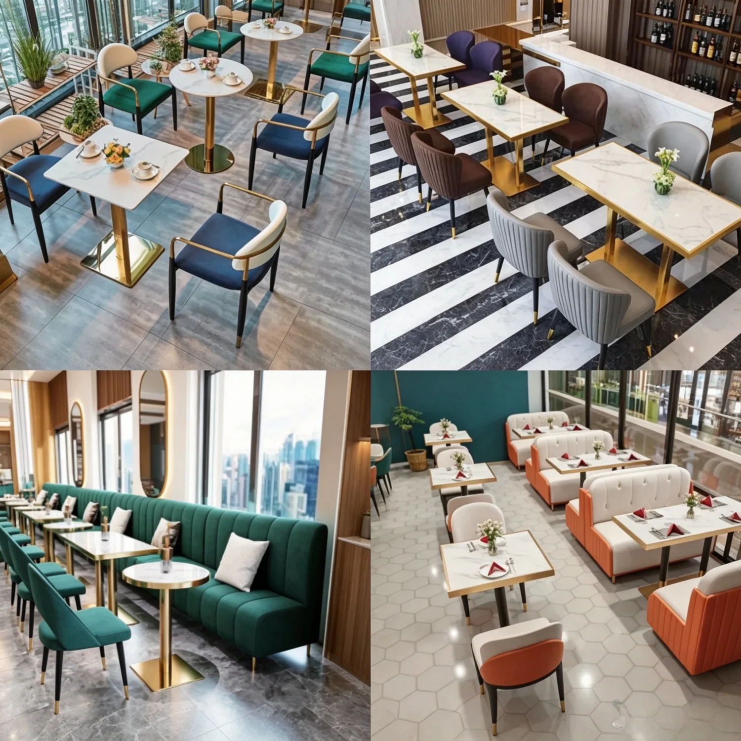 New Product Restaurant Furniture Cafe Tables and Chairs Furniture Set Marble Stainless Steel  Black and Gold Restaurant Table