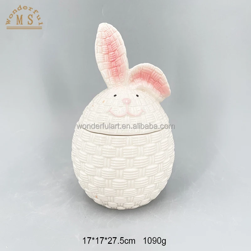 Customized Egg Rabbit Shape Kitchen Jar Ceramic Food Jar Cute Pink White Bunny Design for Daily or Easter Tabletop Decoration