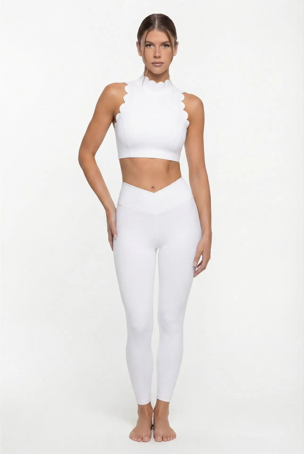 High Support Women's Halter Sports Bra Sweat-Wicking Nylon Spandex Lace Trim Back-Shaping Yoga Brassiere — detail