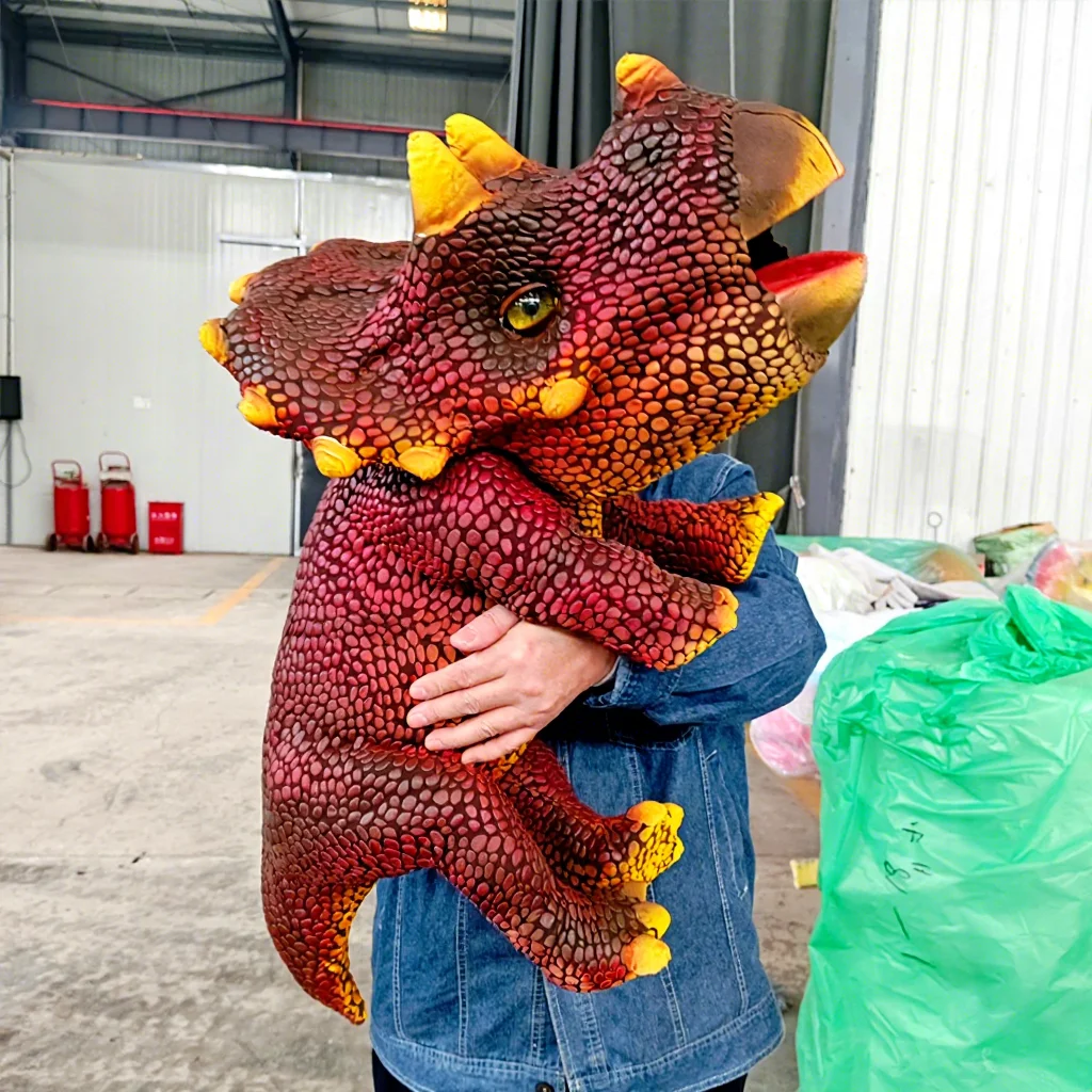 L=1m Realistic Red Triceratops Hand Puppet Manual Control Eyes Blink Moving Mouth Animatronic Baby Dinosaur Puppet for Kids